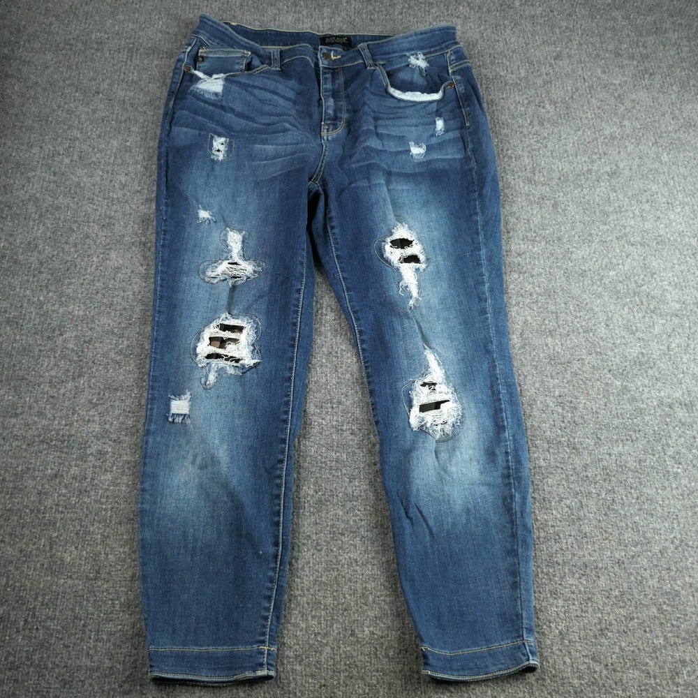 Judy Blue Jeans Womens 18W 36x28 Skinny Distressed Camo Patch Denim Blue Stretch